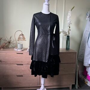 Black & Metallic Silver Velvet Ruffle Hem Modest A-Line Midi Knee-Length Dress